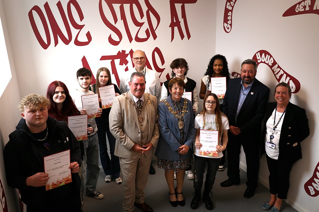 Students with teacher Harry and the Mayor of Tameside